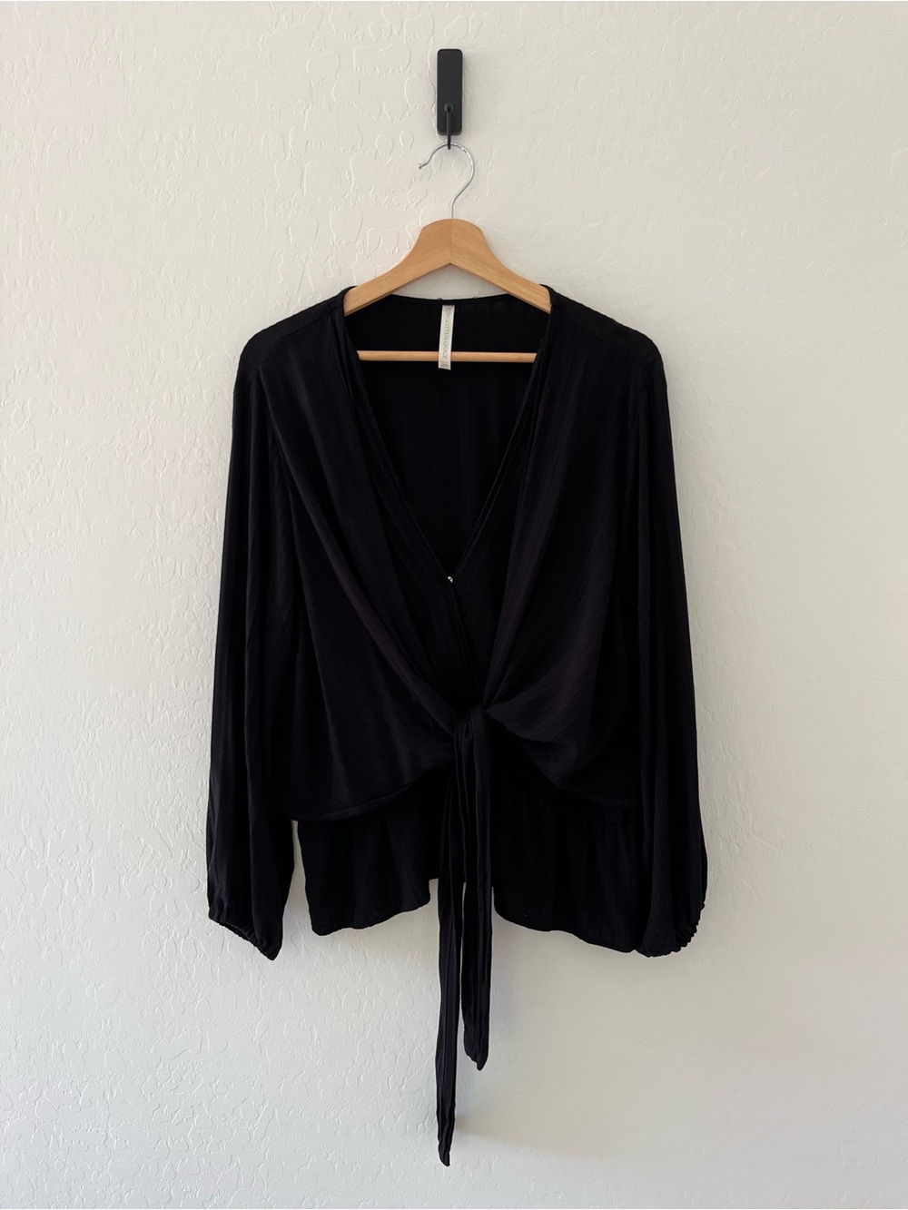 Forgotten Grace Black Tie-Front Long Sleeve Peplum Waist Top